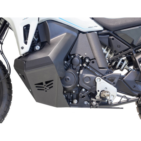 Left side of the black adventure skid plate made from 8mm thick plastic for CFMoto 1000 MT-X