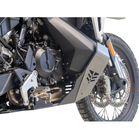 Rear right side of the black adventure skid plate made from 8mm thick plastic for CFMoto 1000 MT-X