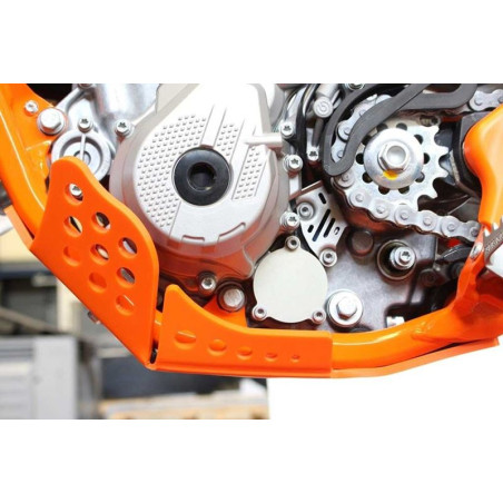 Left side of the orange 6mm HDPE plastic skid plate for KTM 250SXF / 350SXF